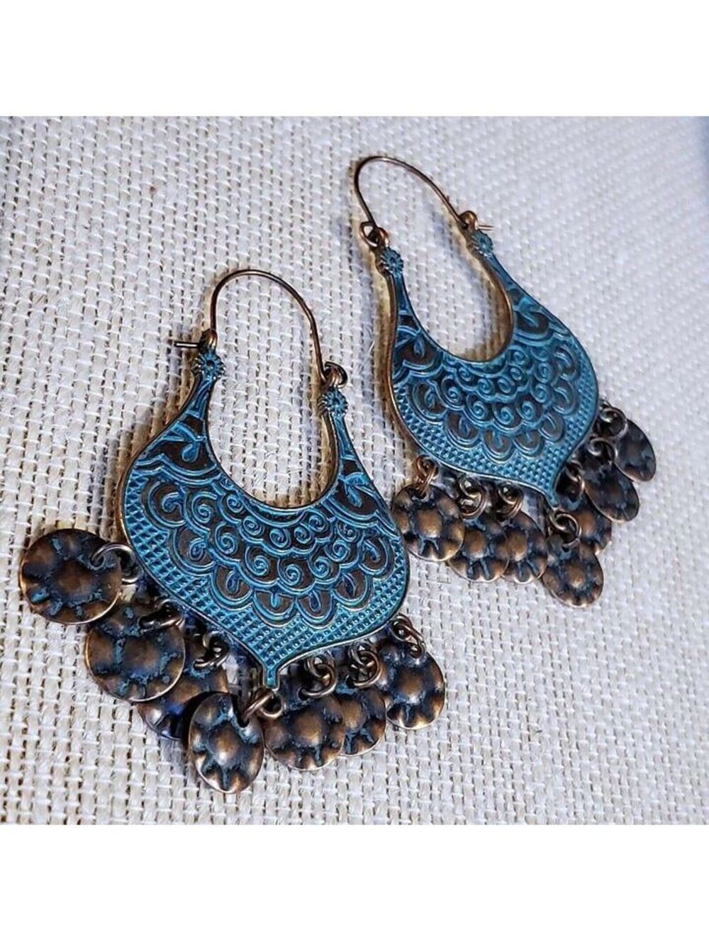 Antique Copper Verdigris Blue Green Patina Moroccan Hammered Rounds Earrings - Picture 5 of 6